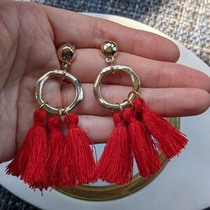 Gold and Red Tassel Earrings